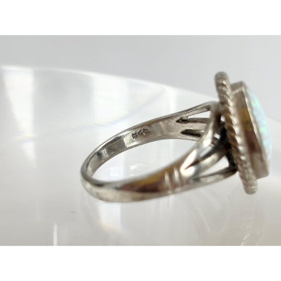 Ethiopian Iridescent Opal Gemstone Rope Sterling Silver Vintage Ring - sz 8 - Picture 7 of 10